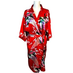 Aibrou Short Peacock Red Kimono Robe Satin With Belt Closure- XL NWT